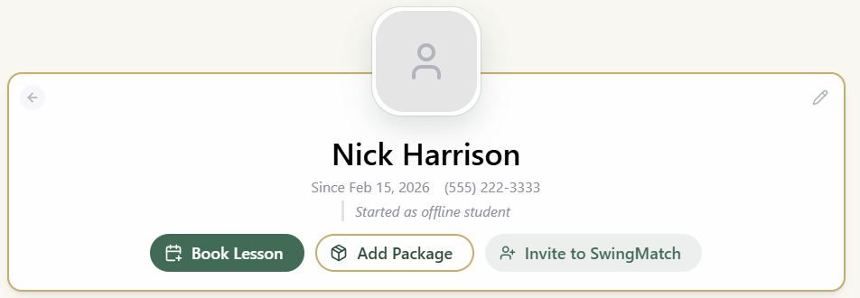 SwingMatch student profile header with Book Lesson, Add Package and Invite to SwingMatch buttons