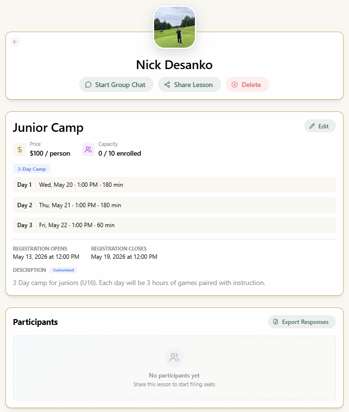 SwingMatch Junior Camp setup with $100 per-person pricing, 10-seat capacity, a three-day schedule, registration window, and group-chat and share buttons