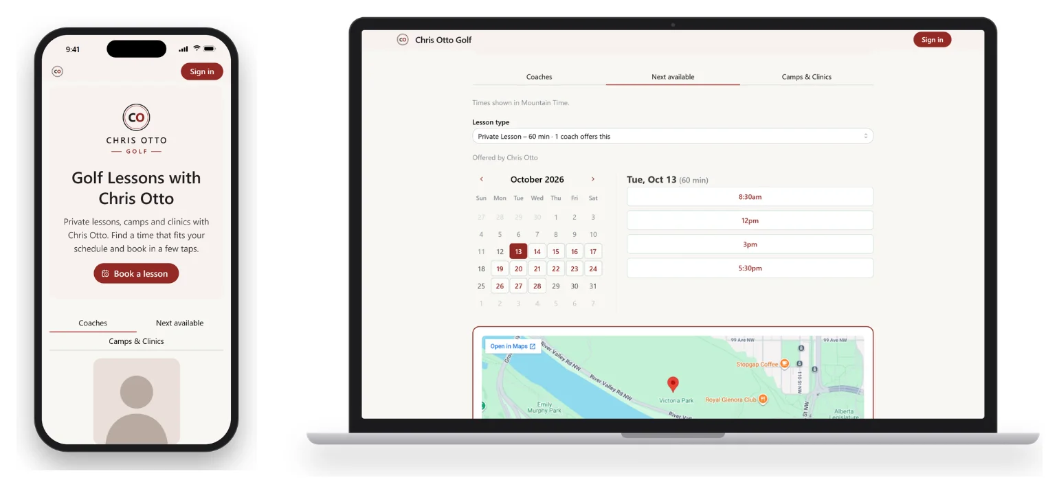 White-label golf academy booking app on a phone and laptop: the academy's own logo and a one-tap Book a lesson button on mobile, and a Next available calendar showing open lesson times and the teaching location on desktop — no SwingMatch branding